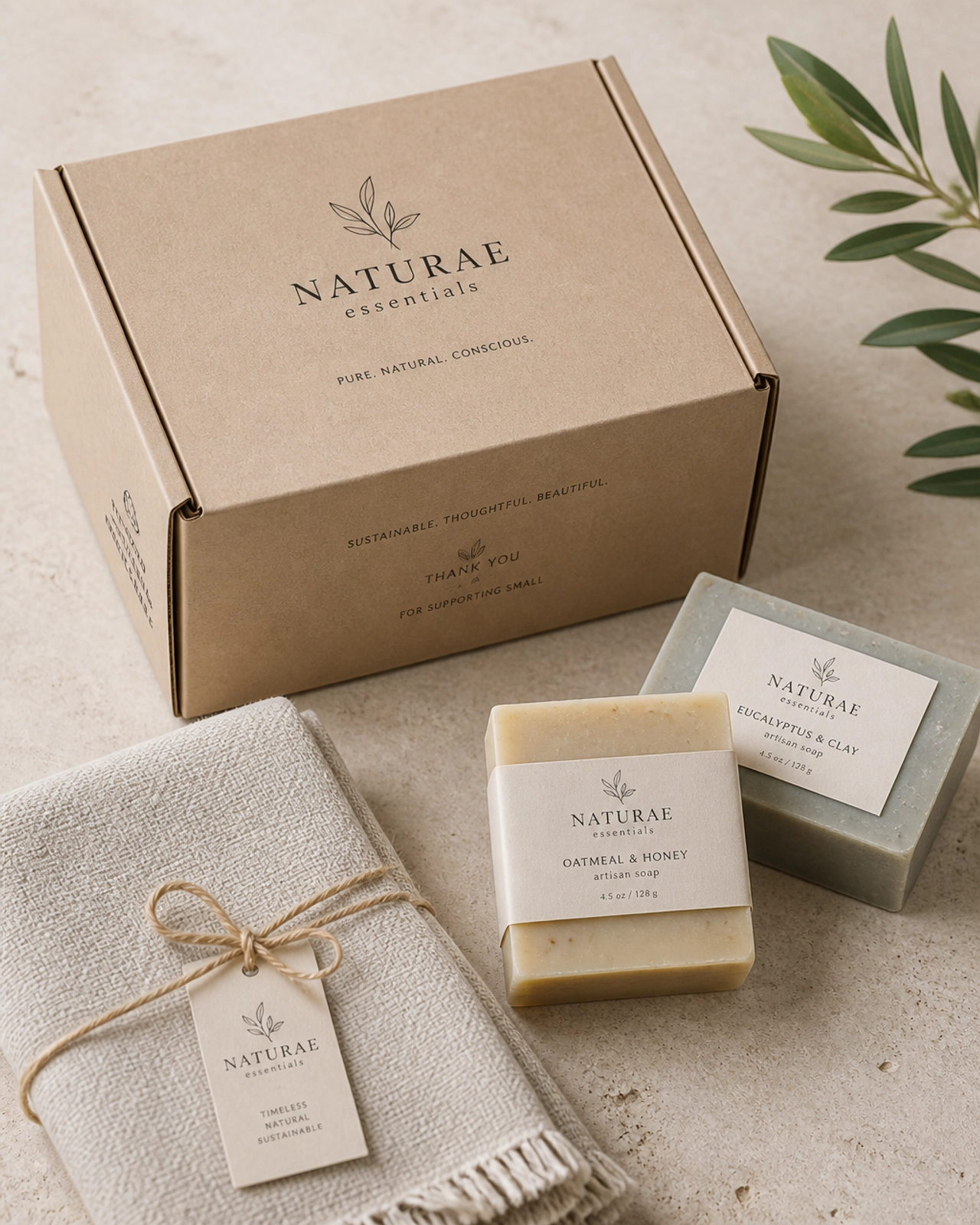 A neatly packaged, eco-friendly box with artisan soaps and textiles, representing efficient and professional e-commerce fulfillment.