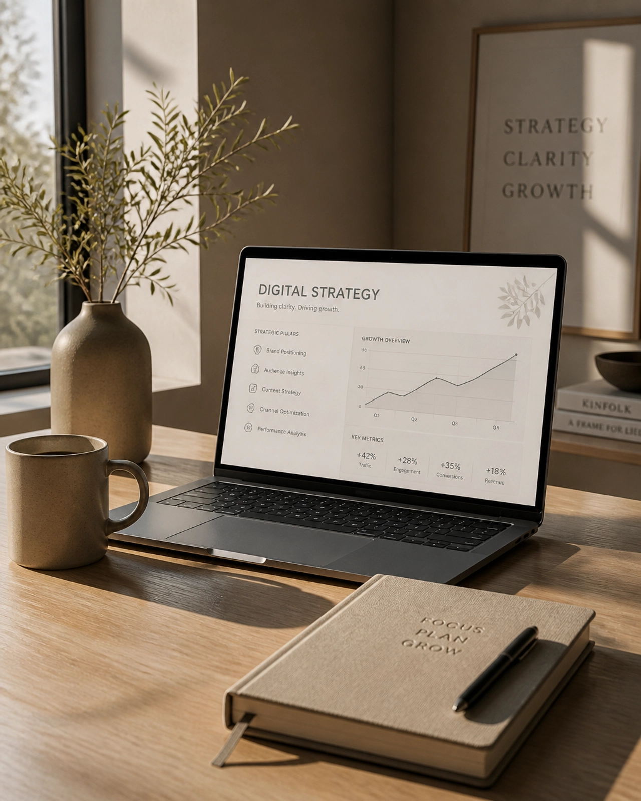 A sleek, minimalist workspace with a laptop and notebook, symbolizing a focused digital growth strategy and professional clarity.
